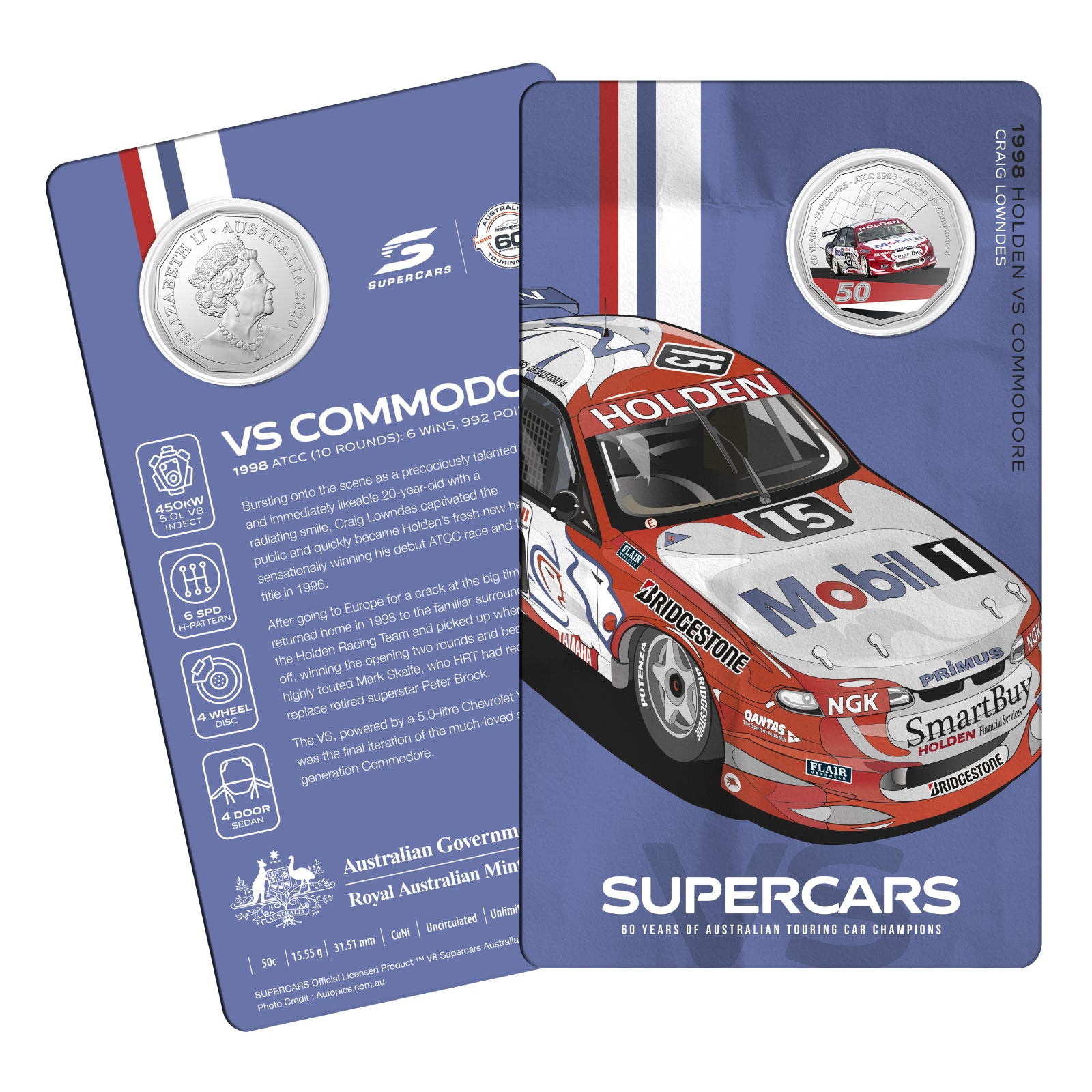 2020 50c CuNi Uncirculated Carded Coin - 60 Years of Supercar Champions Single Coins - Holden VS Commodore